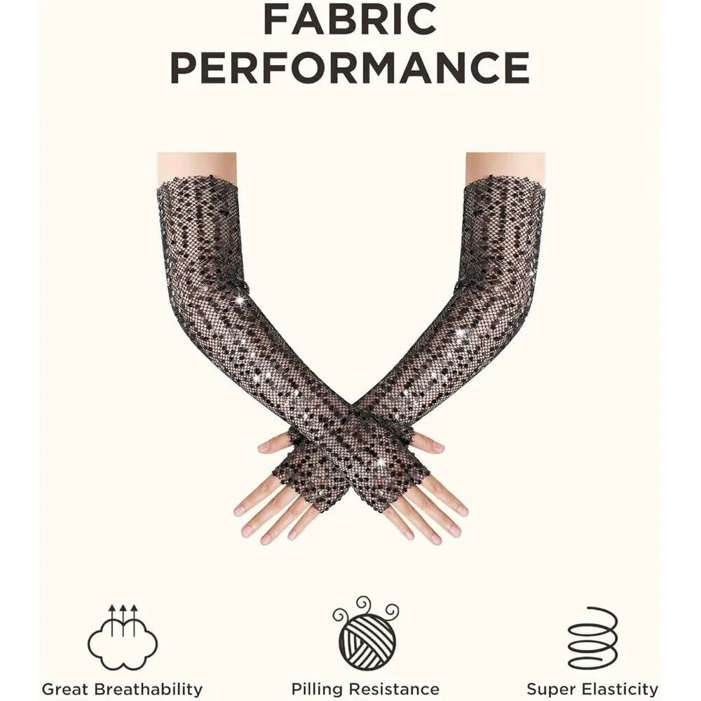 Women's Black  Long Fingerless Sequin Sparkling Glitter Gloves Tea Party